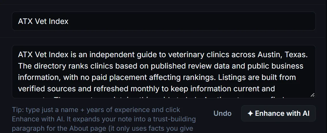 Publisher About field after Enhance with AI expanded a short note into a full paragraph, with Undo and Enhance with AI buttons