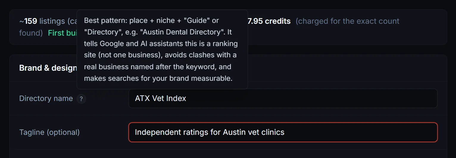 Brand and design step with the directory name and tagline filled in and the naming tooltip open, explaining the place plus niche plus Guide or Directory pattern