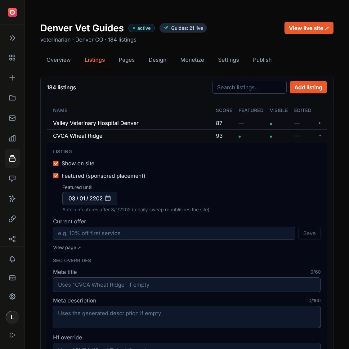 The Listings tab with an expanded row showing the show-on-site toggle, the featured toggle with an expiry date, current offer, and SEO override fields