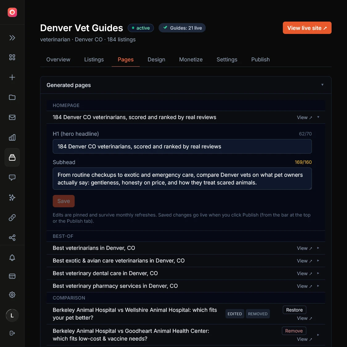 The Pages tab listing generated editorial pages, the best-of membership editor, and the article editor for the About page and guides
