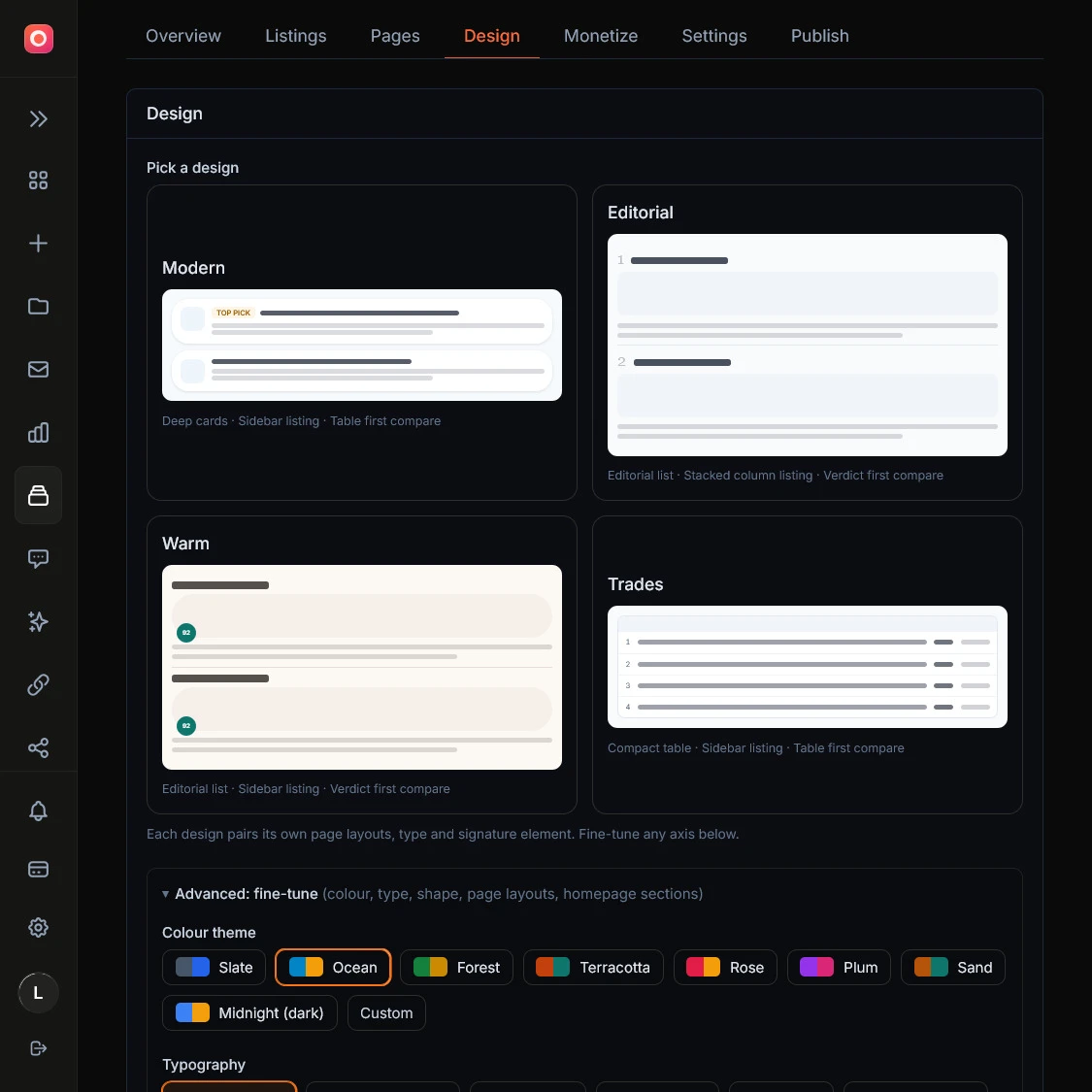 The Design tab with the design studio open, showing the editable preset, colors, fonts, layout, and logo controls