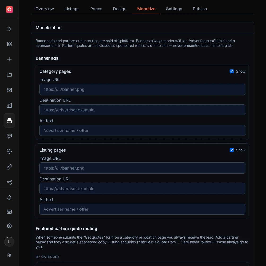 The Monetize tab showing featured placement pricing, partner quote routing by category and area, and banner ad and media-kit settings