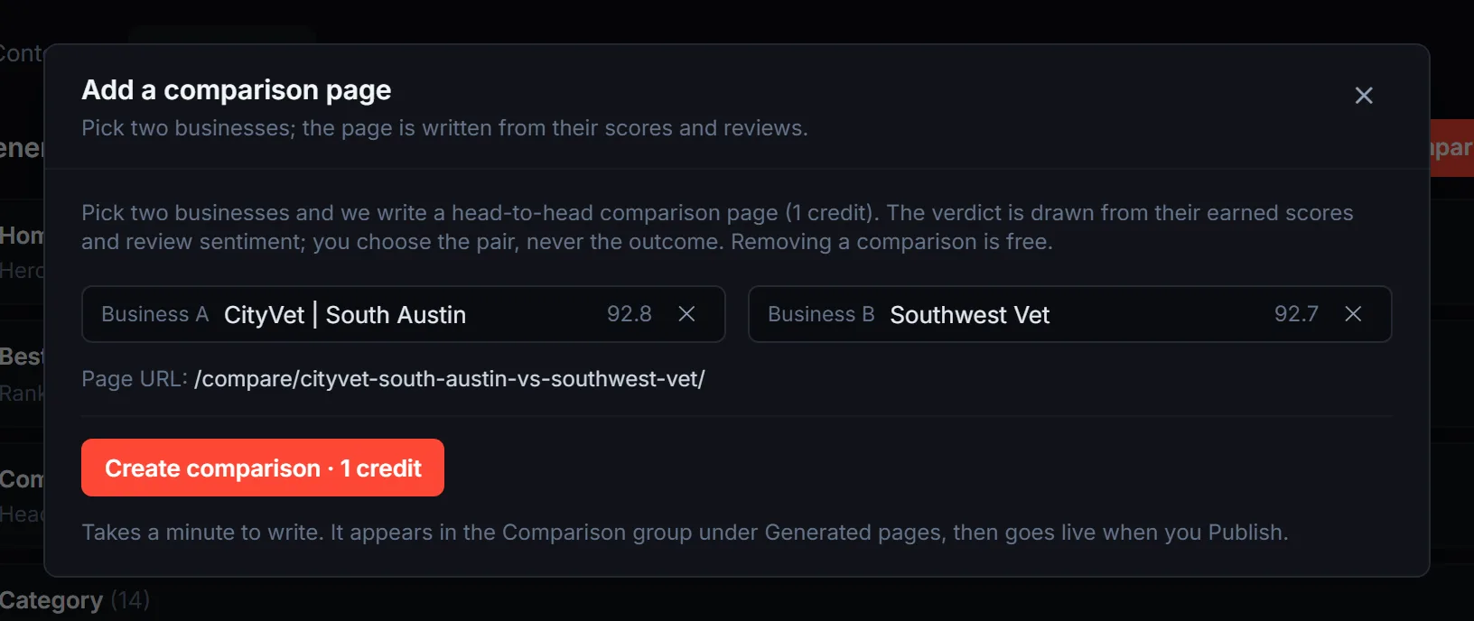 Add a comparison page window with two businesses picked, their scores, the page URL and a Create comparison button for 1 credit