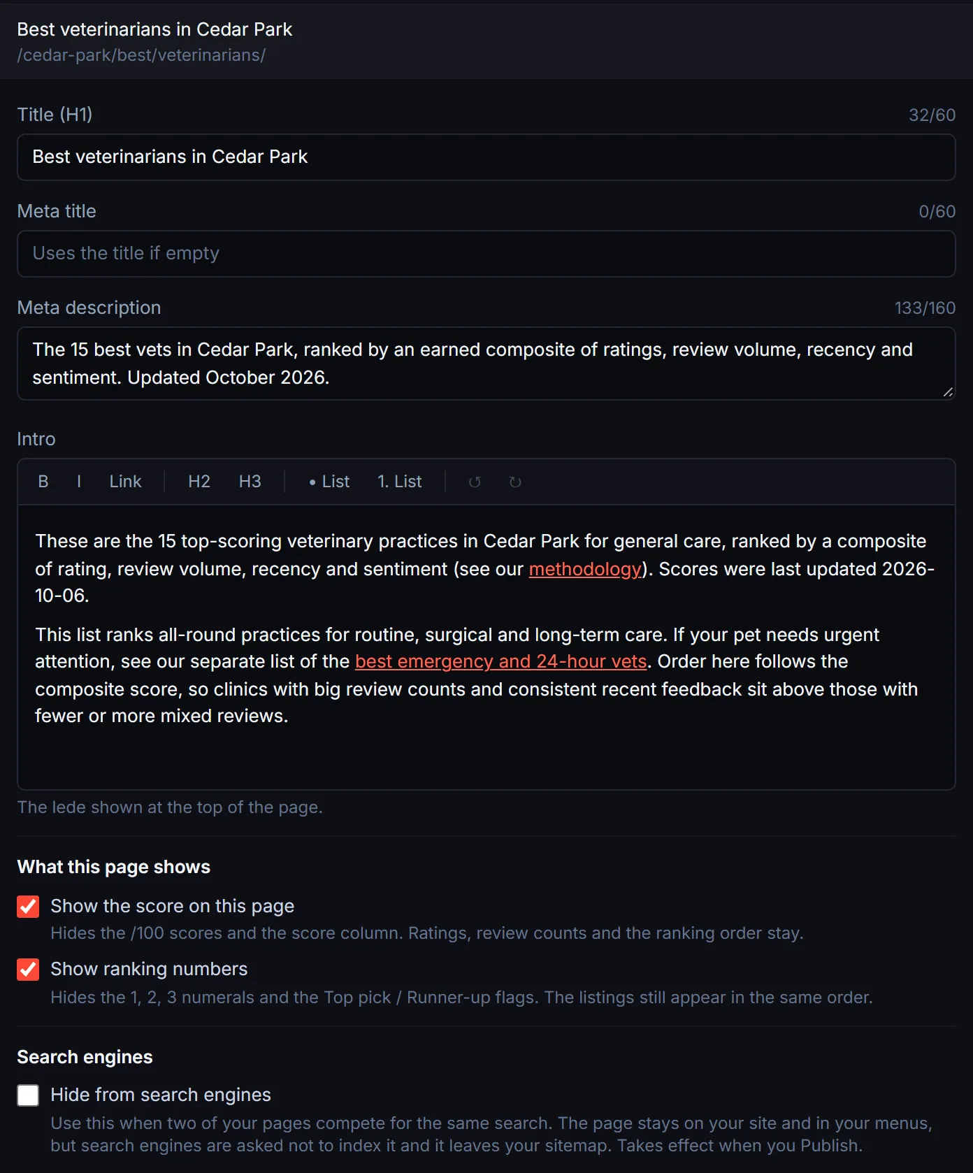 Editor for a generated best-of page with title, meta title, meta description, intro editor, score and ranking-number switches, and the Hide from search engines option