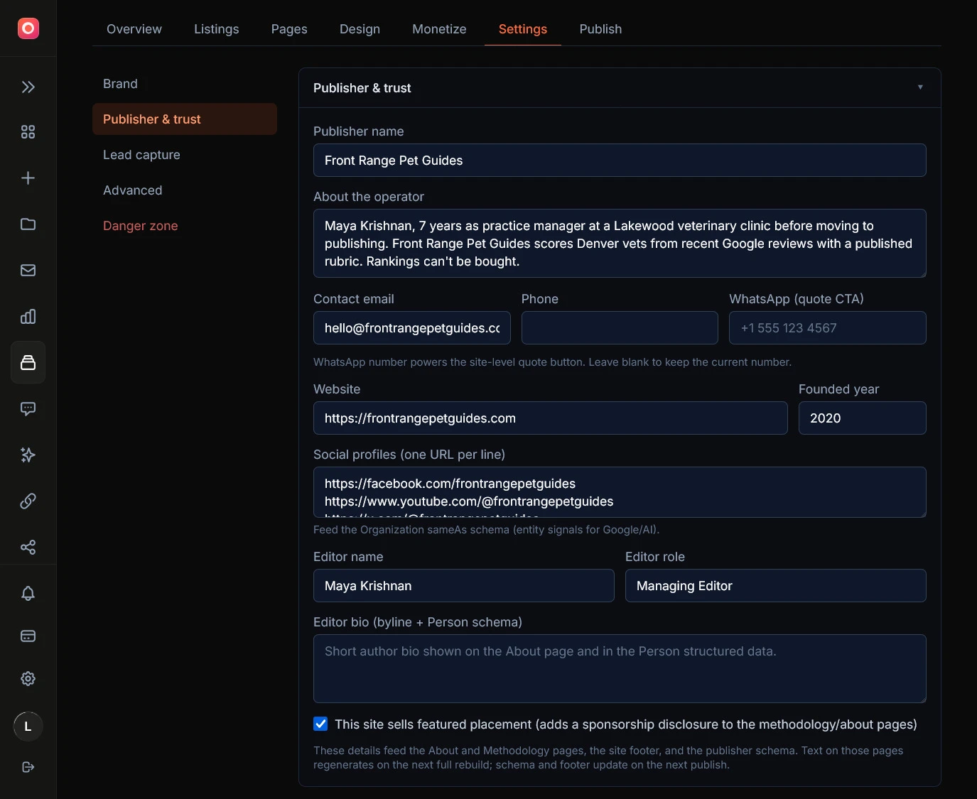 Screenshot of the directory wizard publisher step with name, about, website, social links, contact, and editor fields filled in