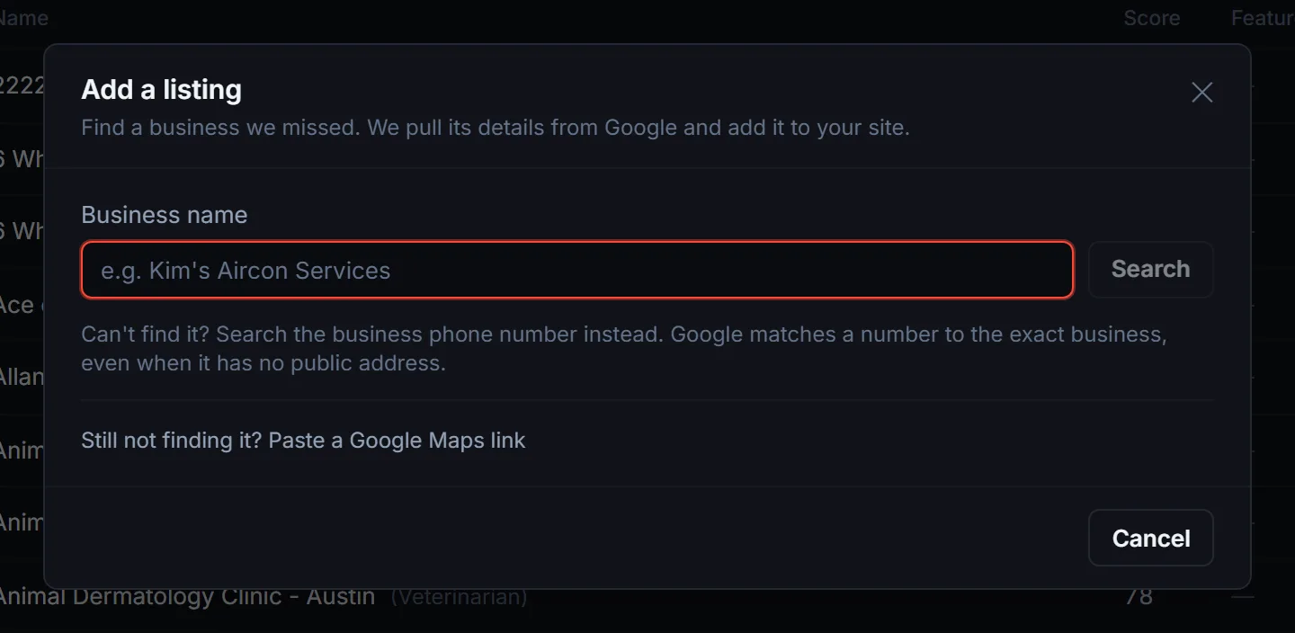 Add a listing window with a business name search, a hint to search by phone number, and a link to paste a Google Maps link instead