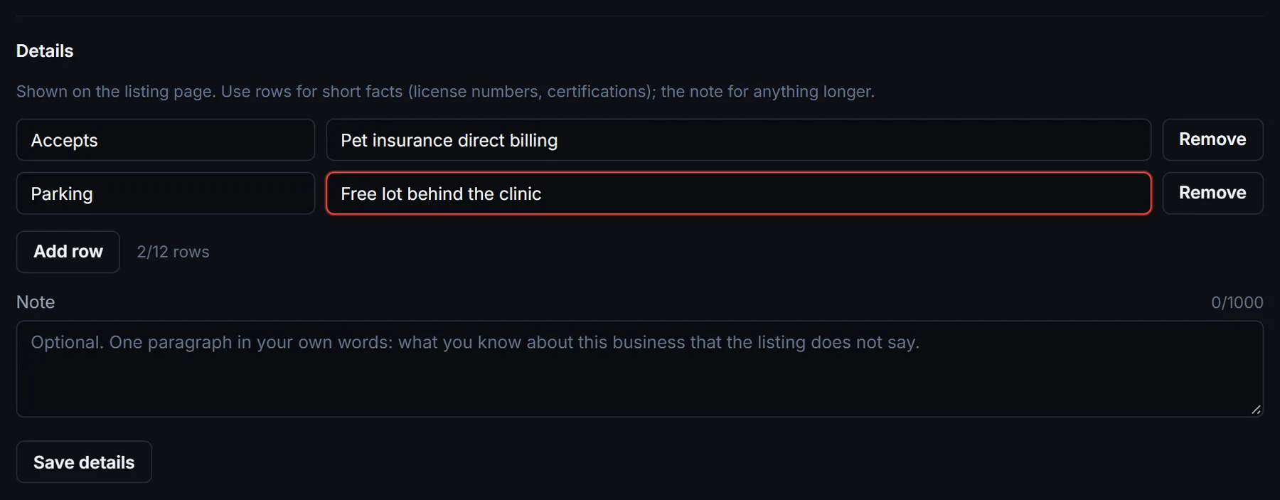 Details block in an expanded listing with two fact rows, Accepts and Parking, an empty note field and a Save details button