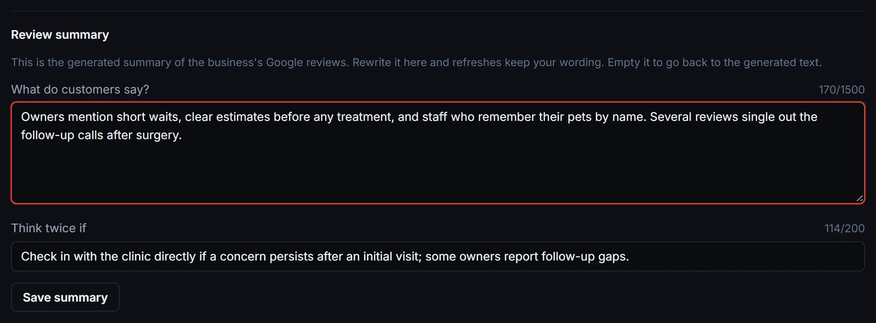 Review summary editor in an expanded listing with the What do customers say and Think twice if fields and a Save summary button