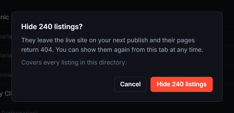 Hide 240 listings confirm window explaining the listings leave the live site on the next publish and can be shown again later