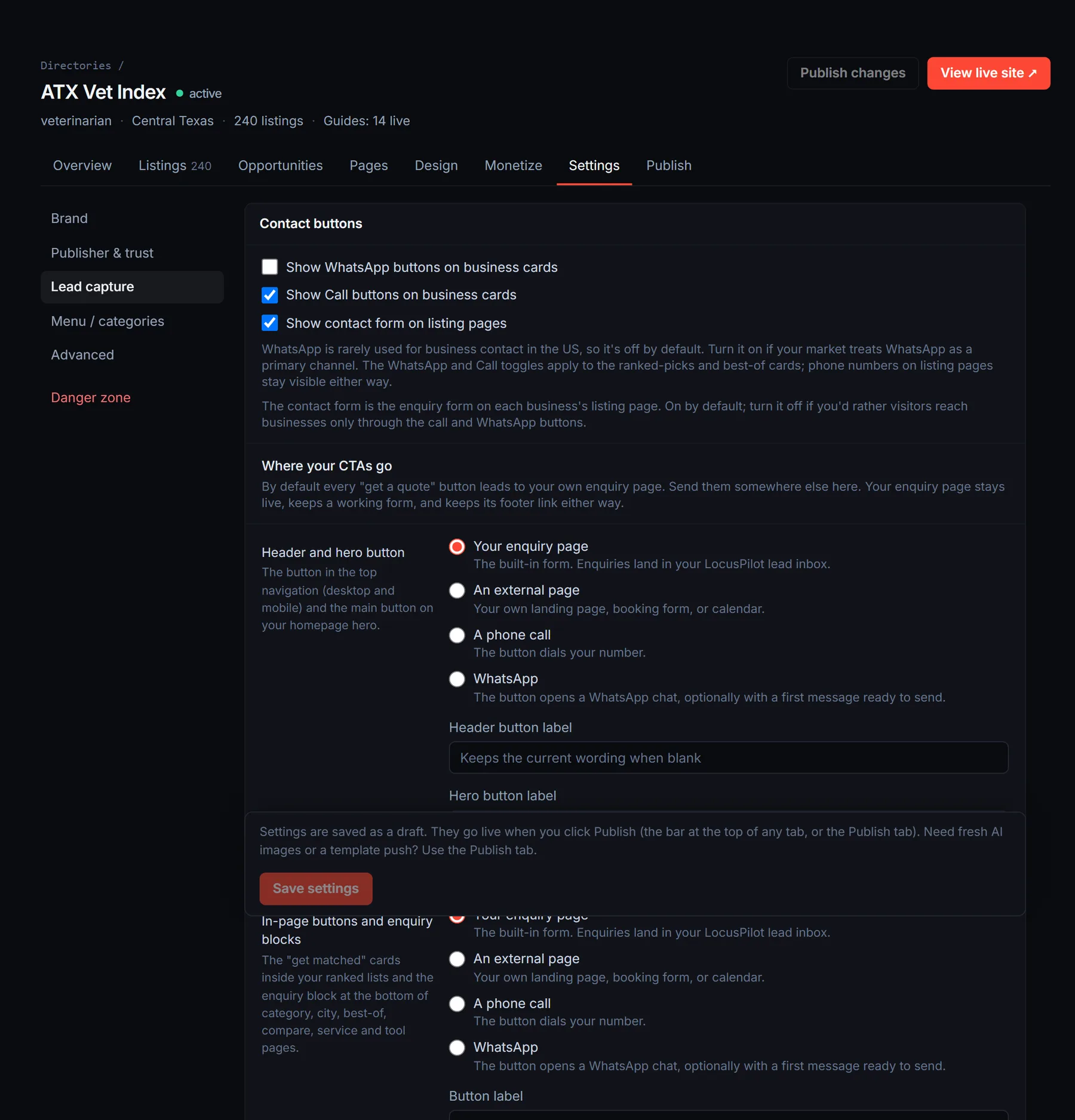 Settings, Lead capture: contact button switches and Where your CTAs go, with the header and hero button and the in-page buttons each set to your enquiry page