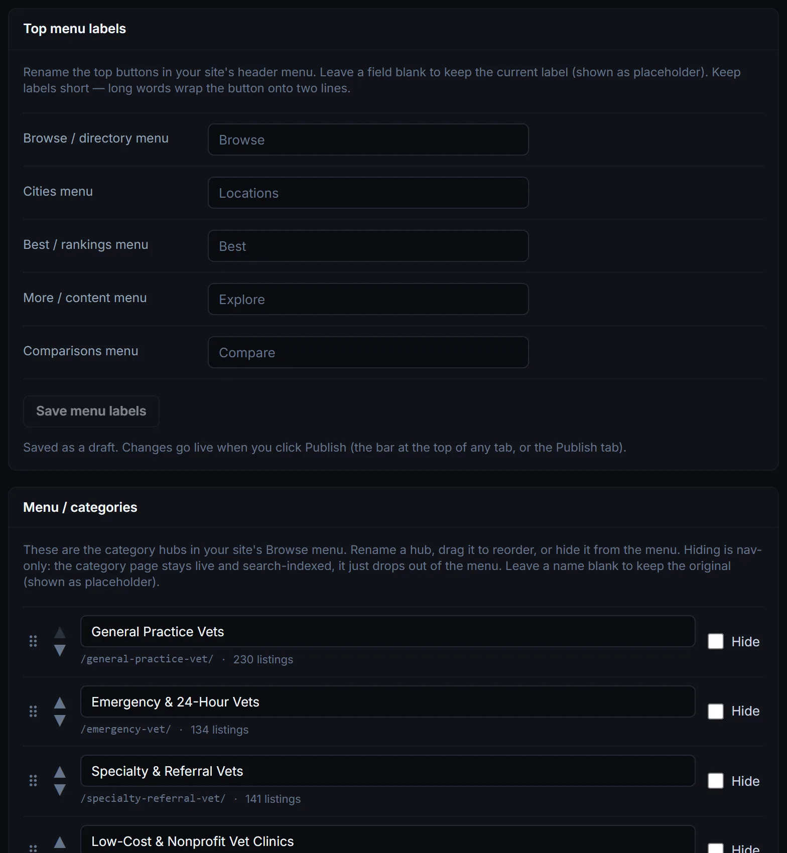 Top menu labels and Menu / categories editors: fields to rename the top buttons, and category hubs with rename, reorder and Hide controls