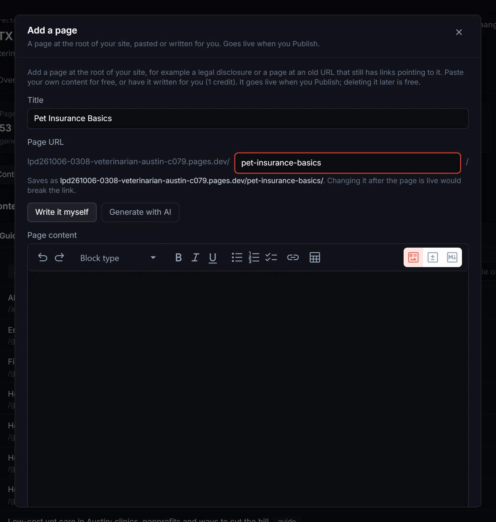 Add a page window with a title, the page URL, Write it myself and Generate with AI options, and the page content editor