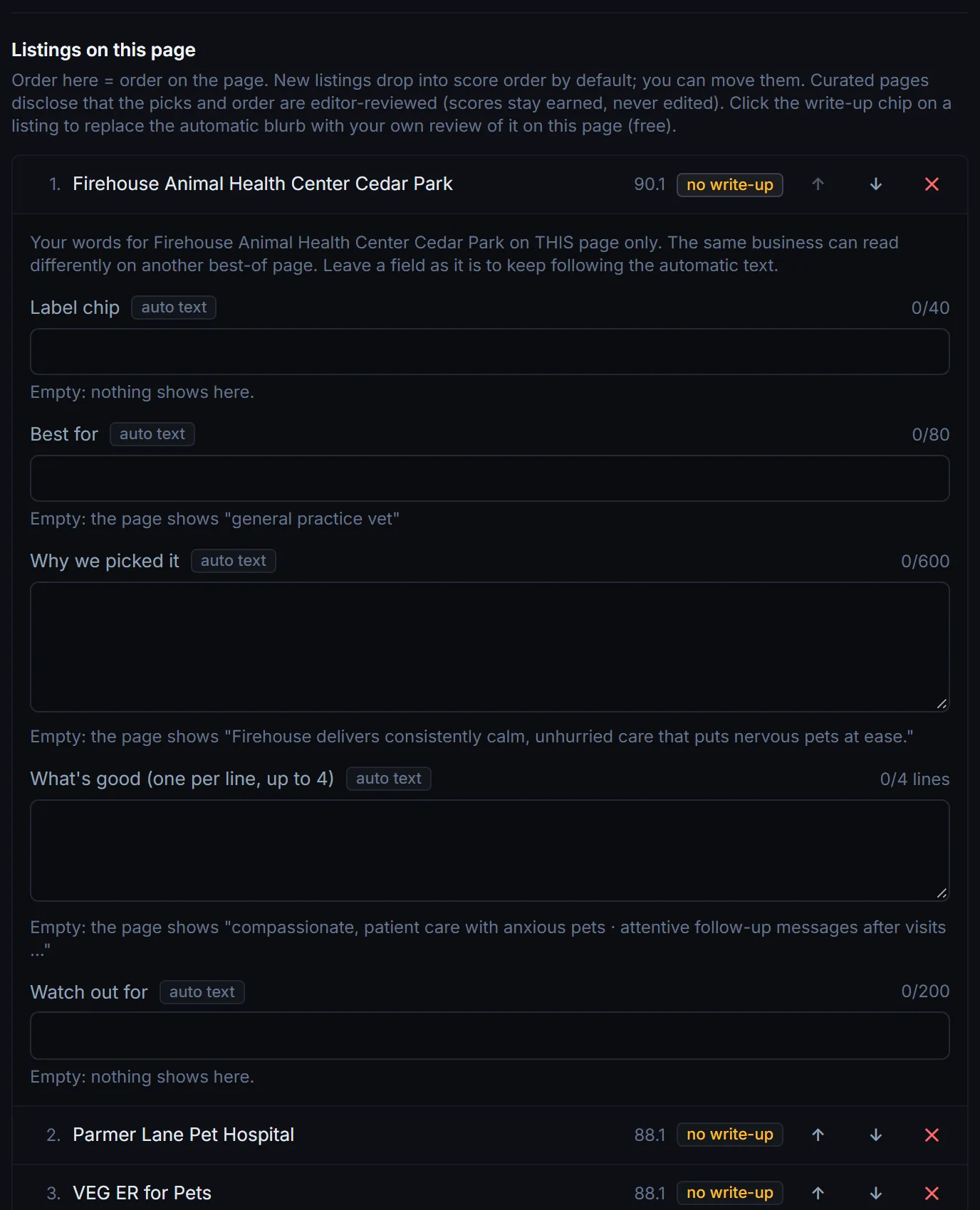 Listings on this page editor for a best-of list: ranked businesses with score, write-up chip, move and remove buttons, and one write-up open with label chip, best for, why we picked it, what is good and watch out for fields