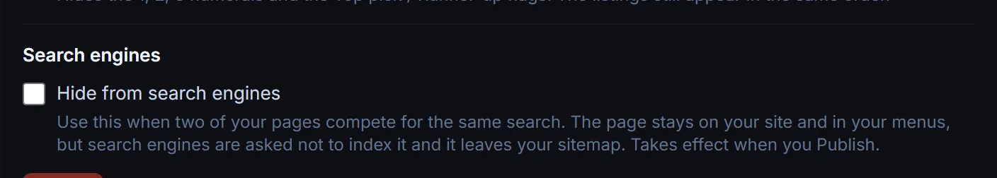Search engines section of a page editor with the Hide from search engines checkbox and its explanation