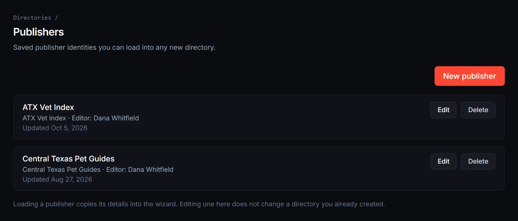 Publishers page listing two saved publisher profiles with Edit and Delete buttons and a New publisher button