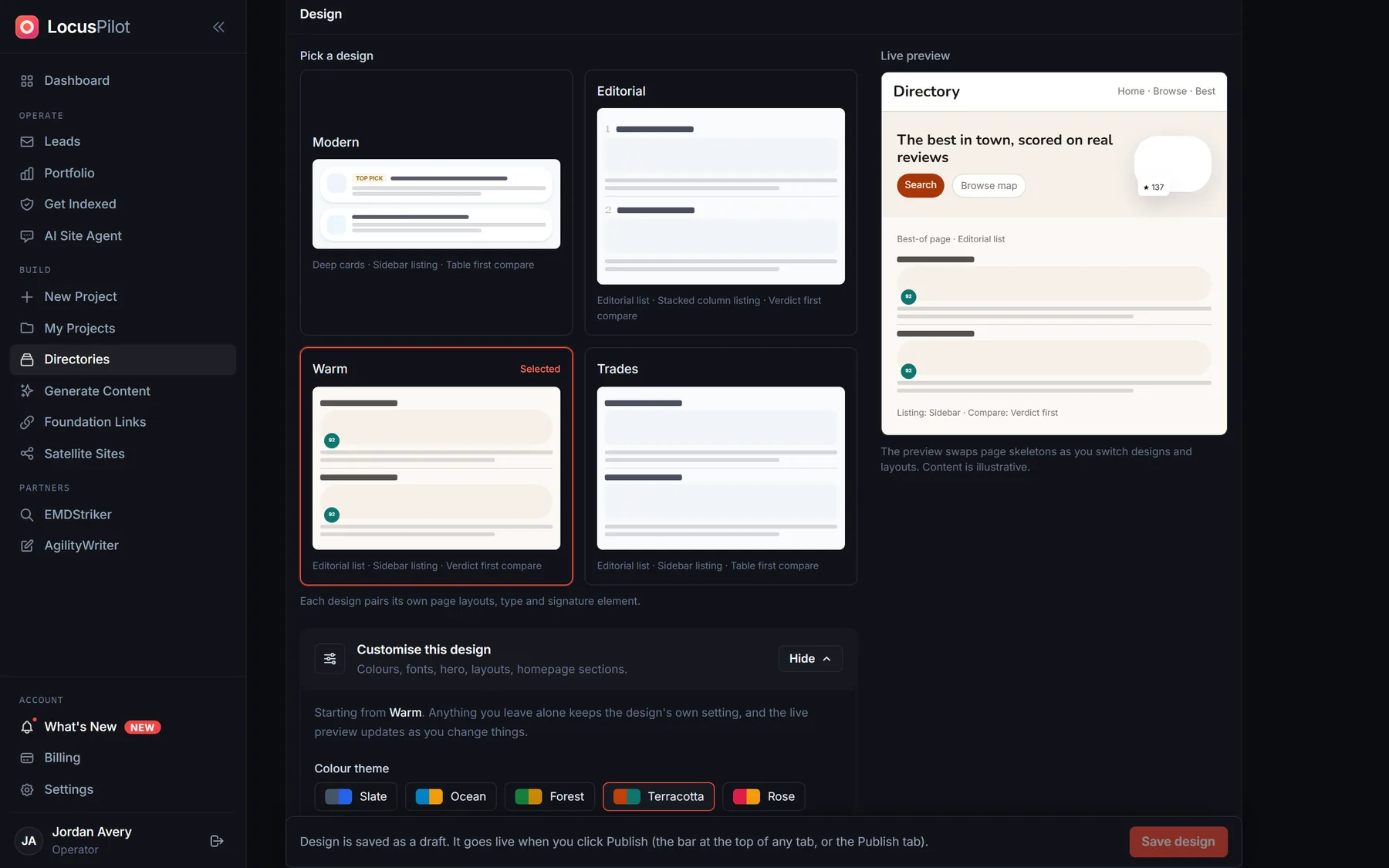 Design tab with four presets, Warm selected, the live preview, and the Customise this design panel open on colour themes