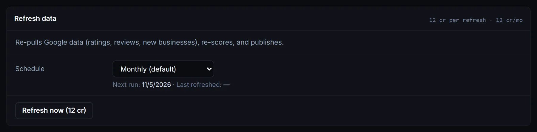 Refresh data card on the Publish tab with the cost per refresh, the Monthly schedule, the next run date and a Refresh now button
