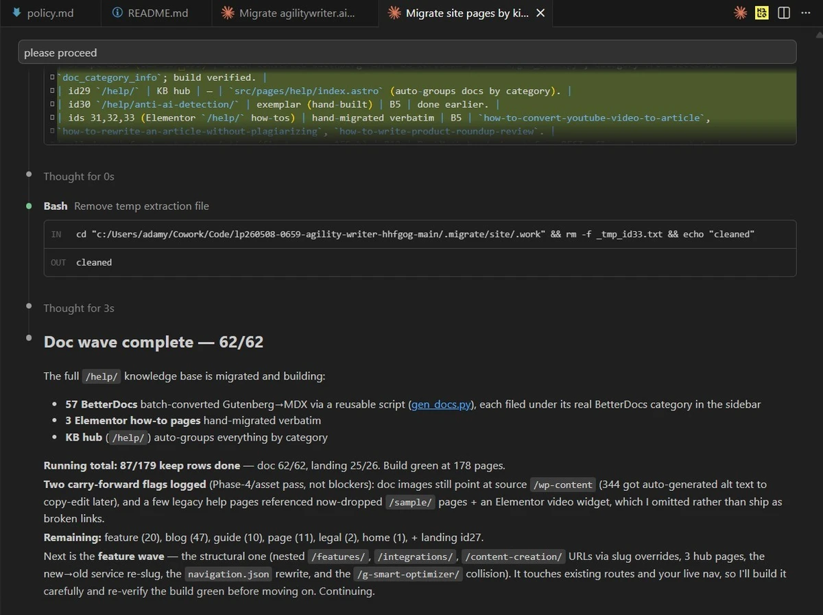 Claude Code running the five migration phases with progress saved to a file