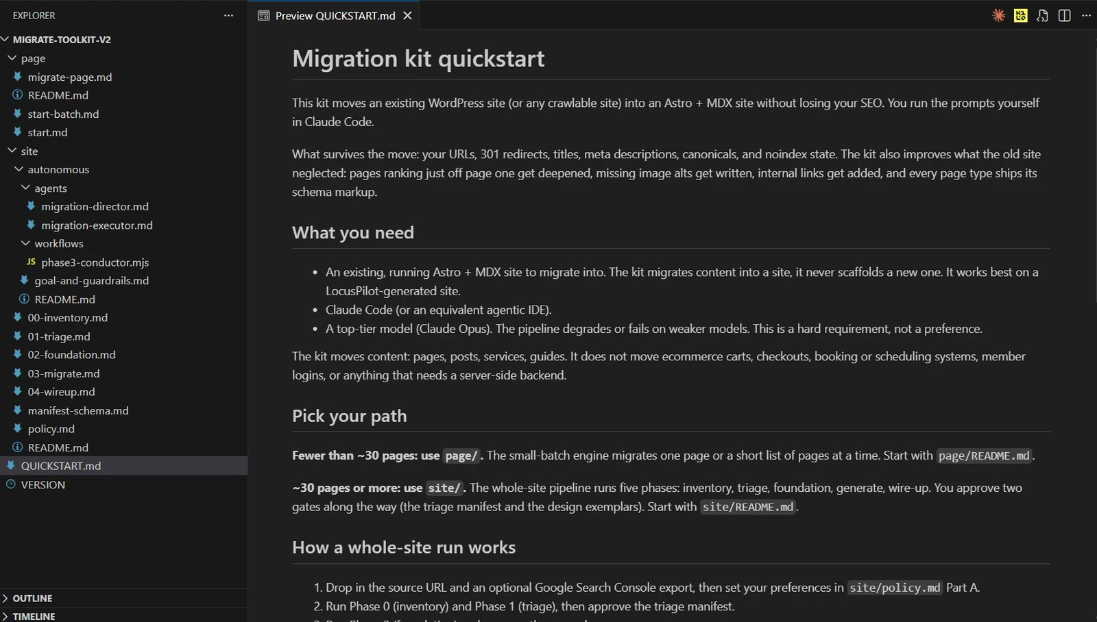 The .migrate toolkit folder structure you download: the five site-pipeline phase files, the small-batch page engine, the manifest schema, and the policy file
