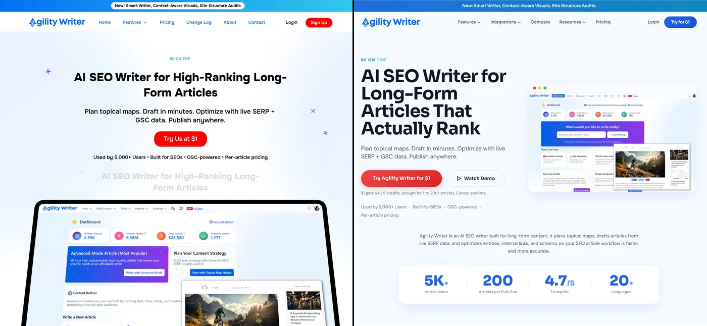 The same page shown on old WordPress and rebuilt in the new Astro site's design, side by side