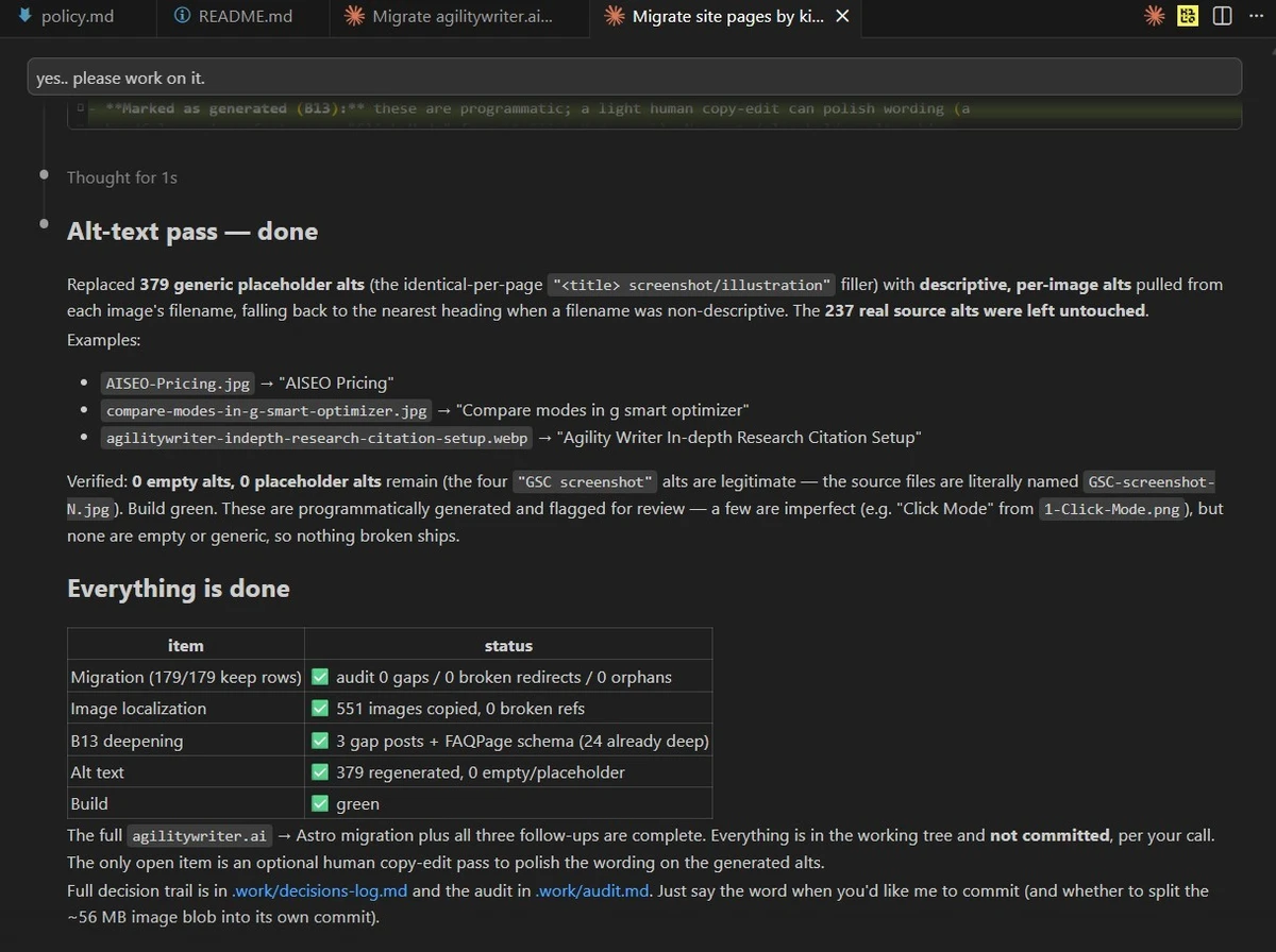 Pre-deploy parity audit output confirming no broken links, no orphans, and no missing redirects