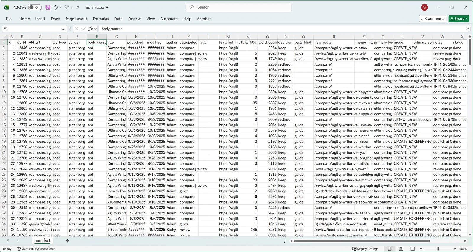 Migration triage list with each URL marked keep, merge, redirect, or drop