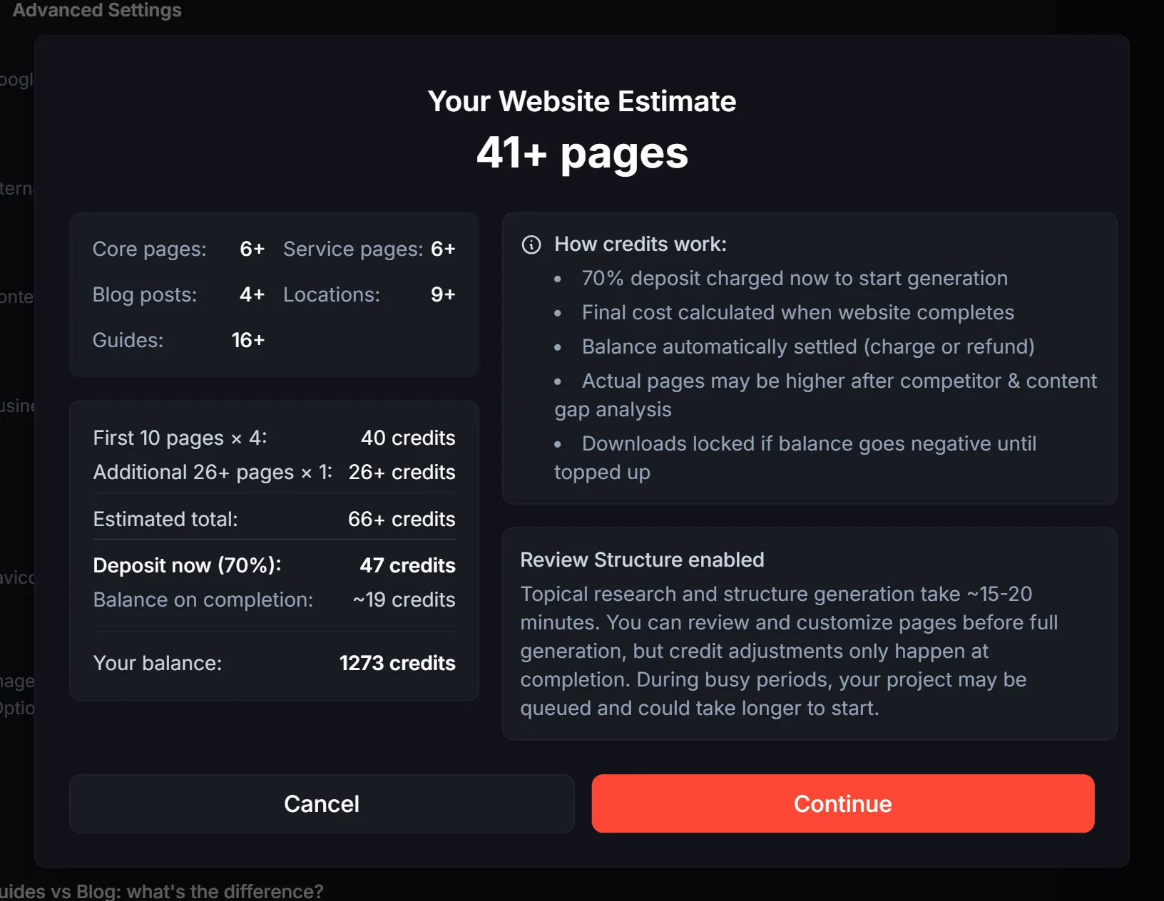 Your Website Estimate modal showing 41+ pages, the credit breakdown, a 47 credit deposit and the remaining balance due on completion