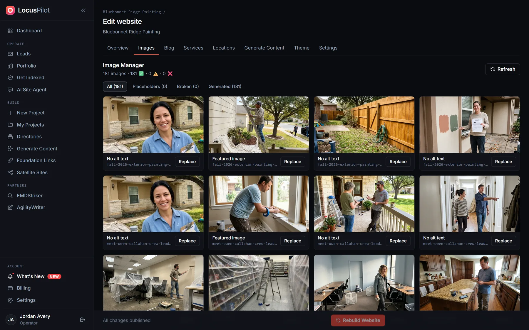 Image Manager tab with All, Placeholders, Broken and Generated filters and a Replace button on each image