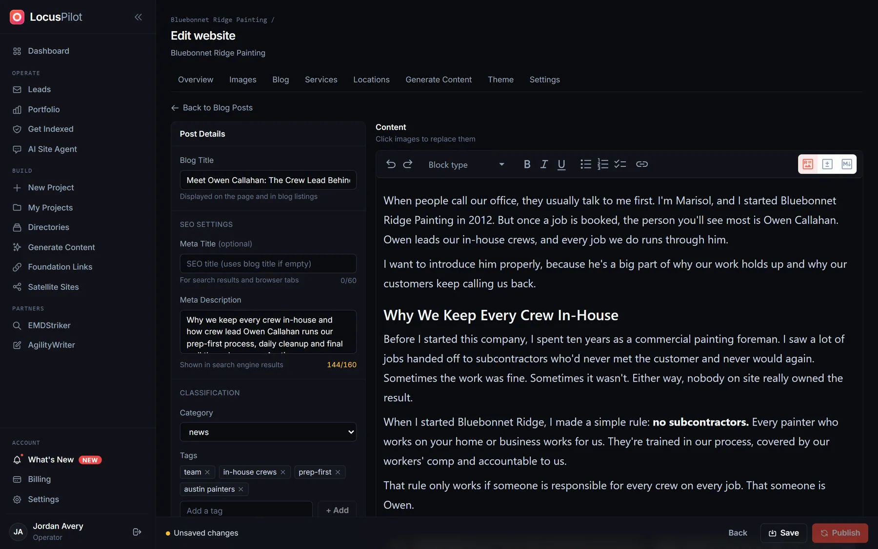 Blog editor with a post open: title, meta description, category and tags on the left, the rich text body on the right