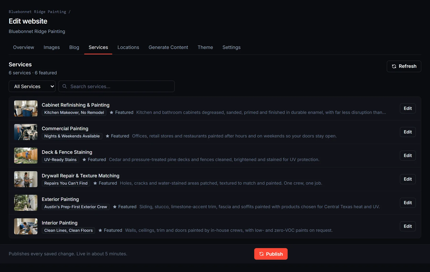 Services tab listing six services, each with a tagline, a Featured marker and an Edit button