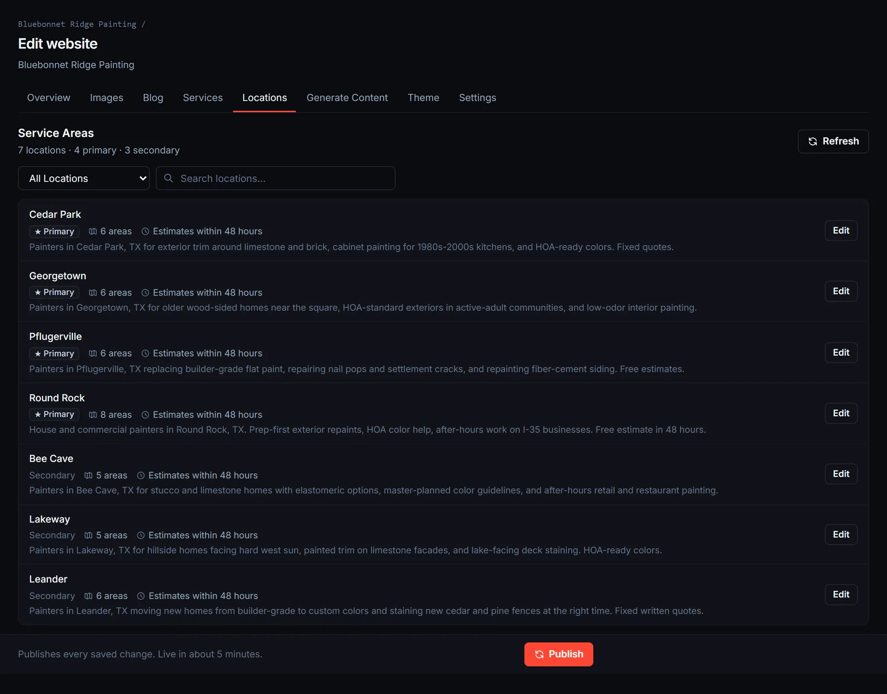 Service Areas tab listing seven locations marked Primary or Secondary, each with an Edit button