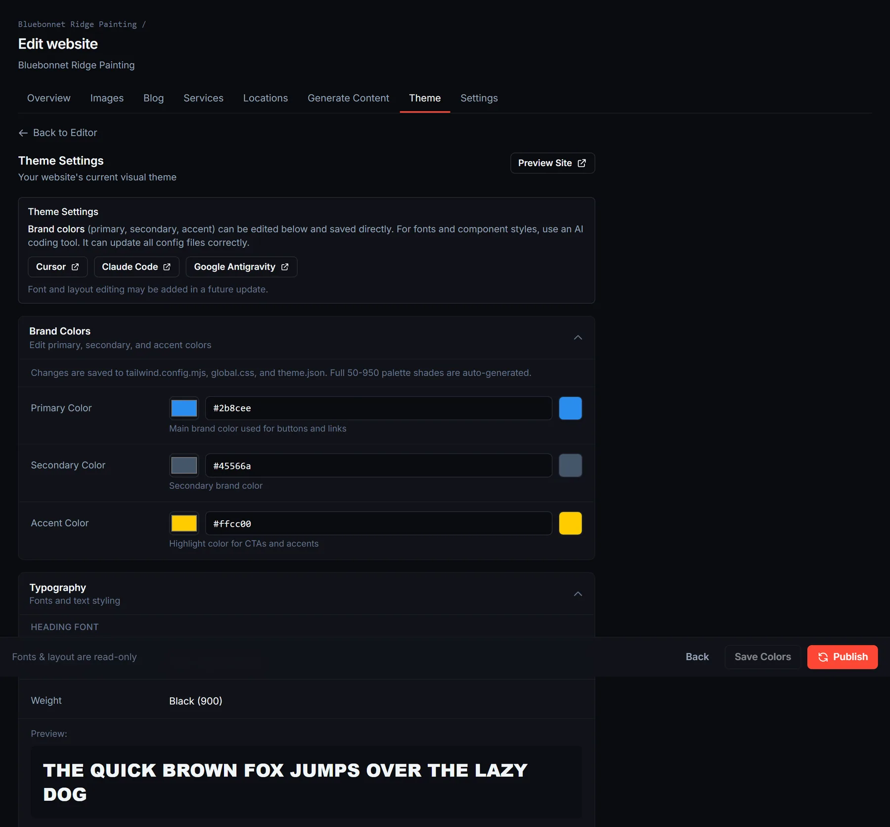 Theme tab with editable primary, secondary and accent brand colors and read-only typography