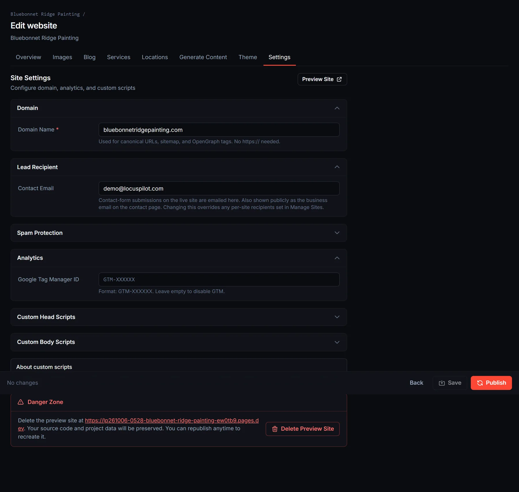 Site Settings tab with Domain, Lead Recipient contact email, Spam Protection, Analytics and custom script sections