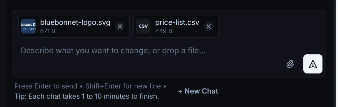 Chat input with two pending attachments, a logo SVG and a price list CSV, shown as chips above the message box