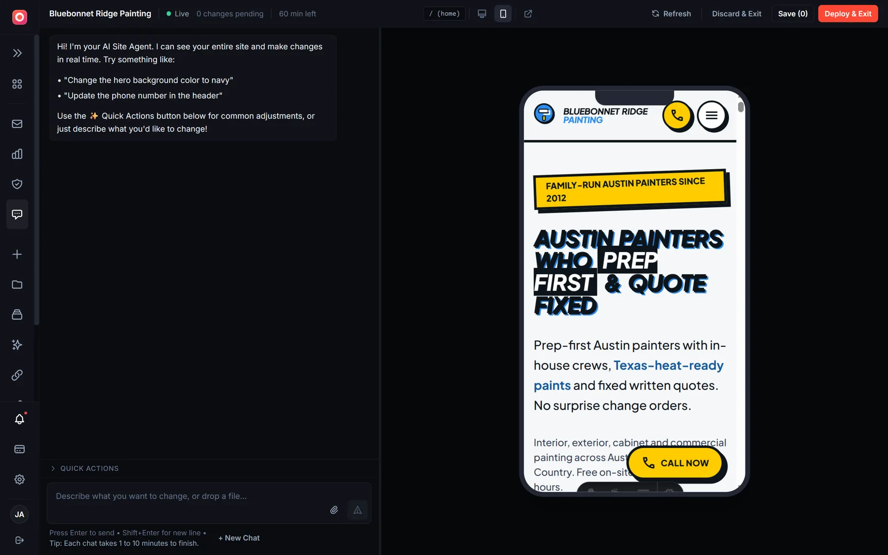 AI Site Agent with the preview switched to mobile view, showing the homepage inside a phone frame