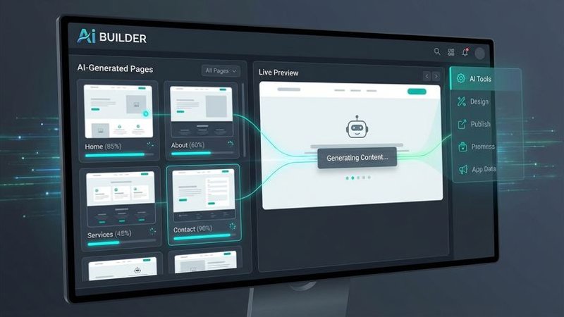 Modern website builder interface showing AI generating multiple pages simultaneously with progress indicators and preview panels for local business content