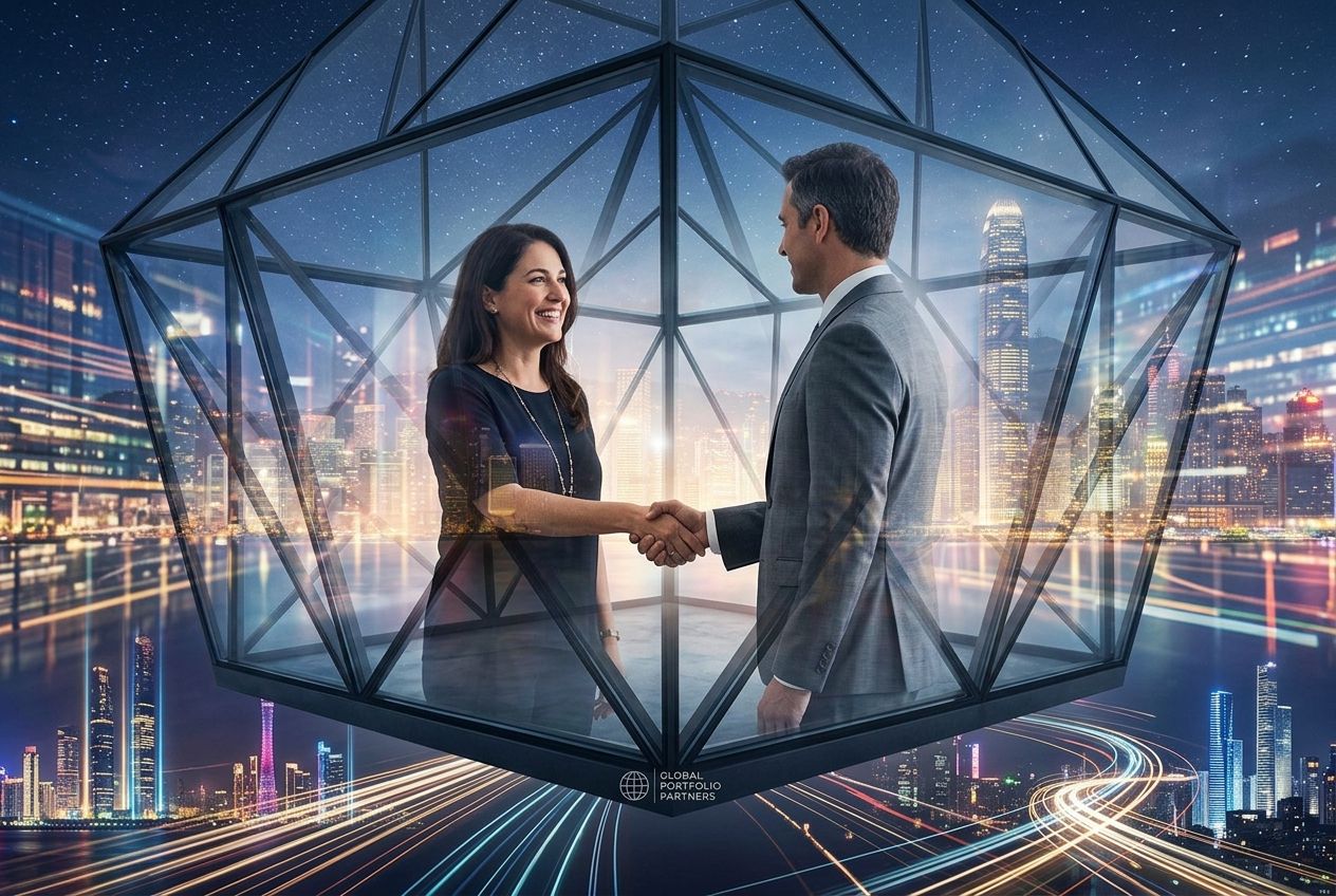 A business operator shaking hands with a client in a surreal cityscape