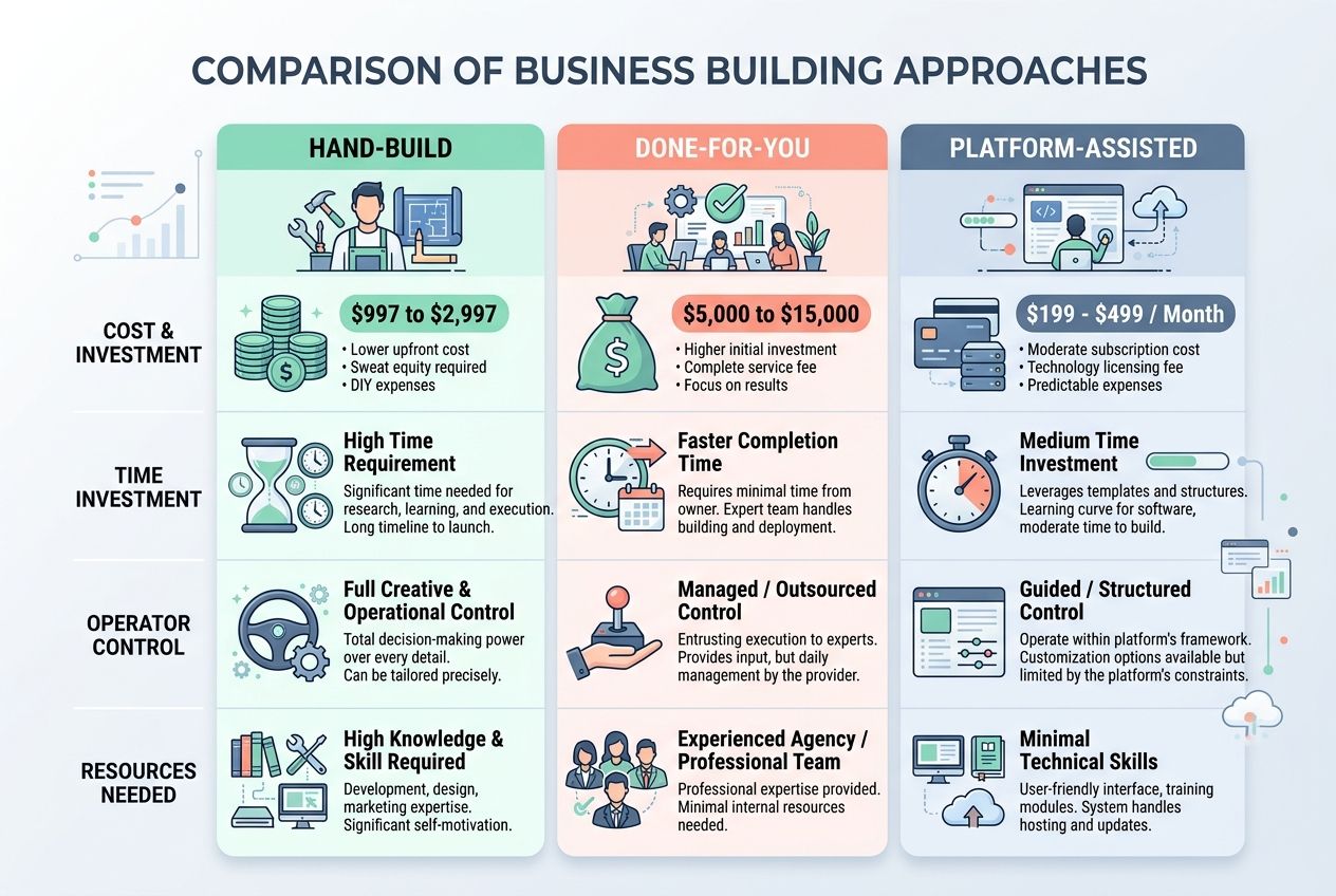 An infographic matrix comparing hand-build, done-for-you, and platform-assisted website building methods