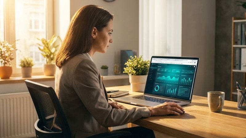 Business owner reviewing AI-generated website content on laptop with multiple service pages and location pages displayed in browser tabs