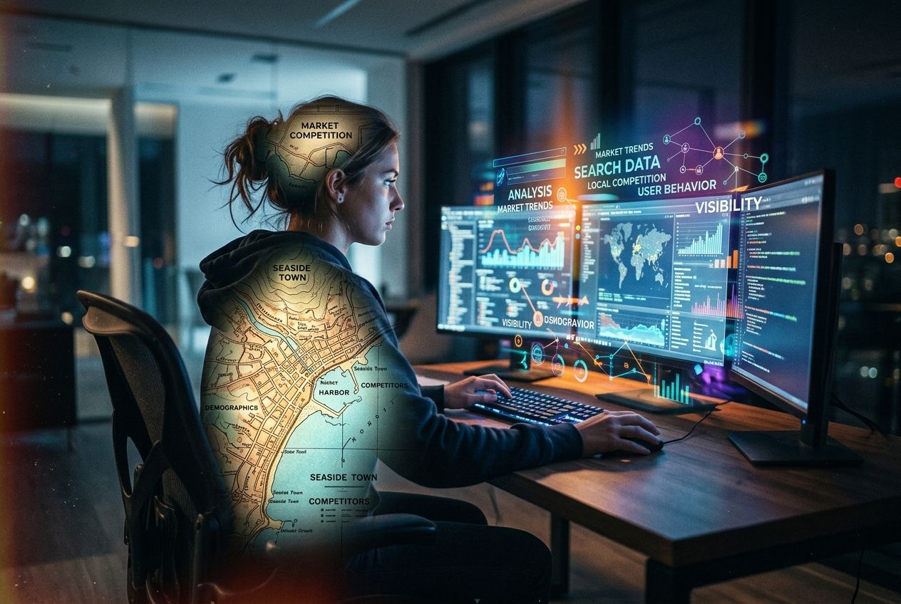 A digital operator analyzing local search data with map projections