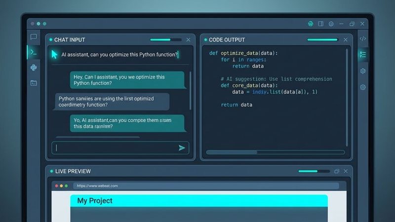 Code-generating AI interface showing chat prompt input and generated React code output with preview panel displaying website design