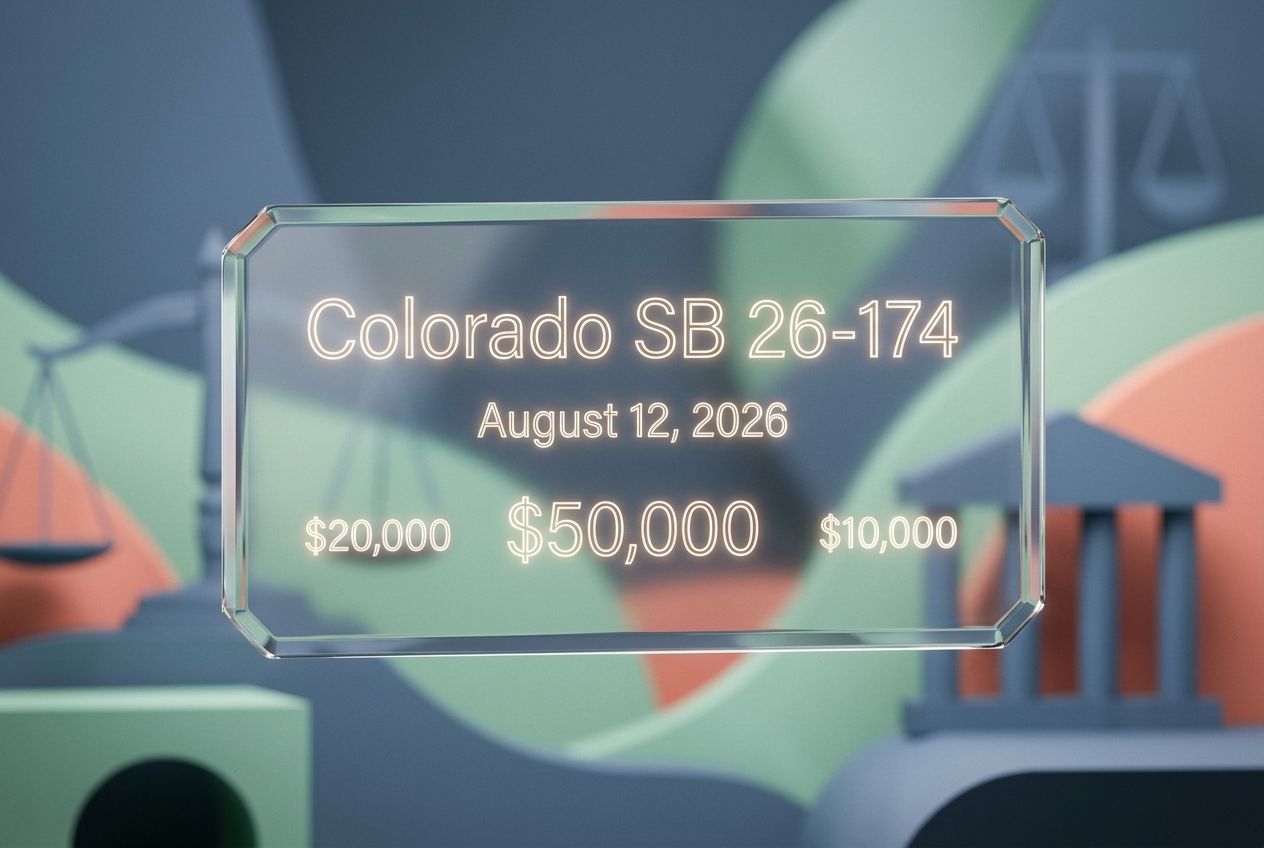 Abstract glass plaque displaying Colorado SB 26-174 law dates and penalty amounts