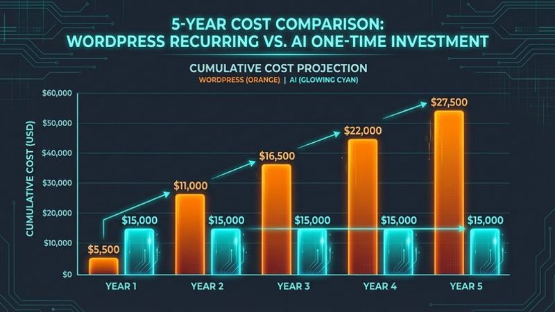 Cost comparison chart showing WordPress annual expenses versus AI website generator one-time costs with bar graph visualization and dollar amounts