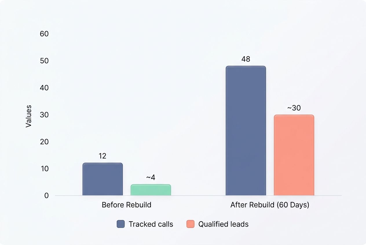 Bar chart showing lead generation growth before and after a website rebuild