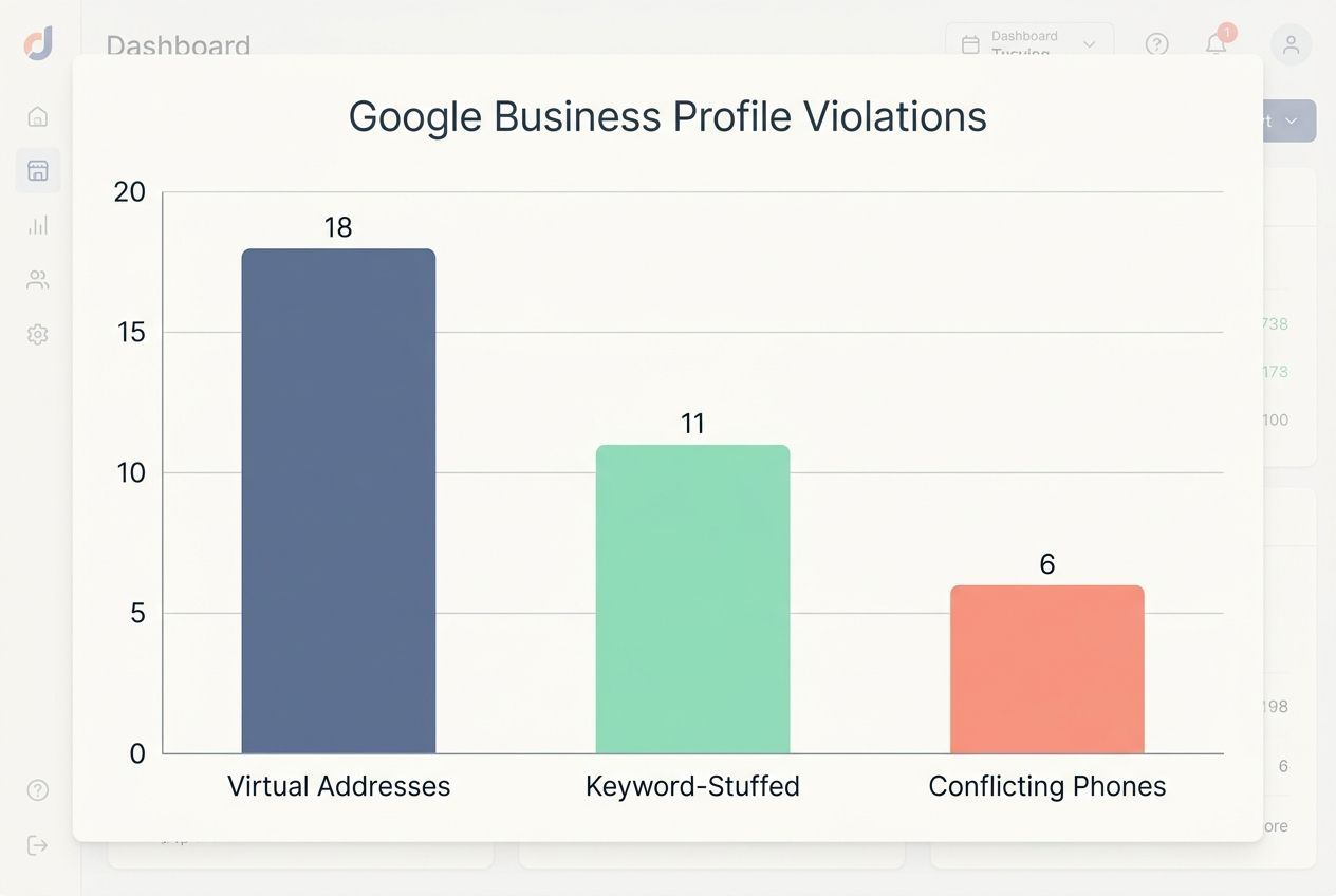 Bar chart showing Google Business Profile violations including virtual addresses and keyword stuffing