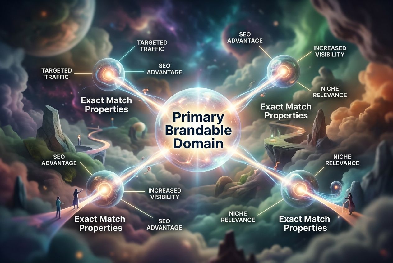 Infographic showing a primary brandable domain hub connected to exact match satellite sites