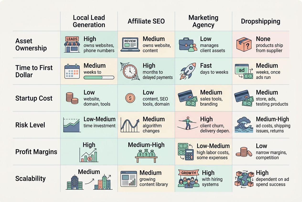 Comparison chart of local lead generation against affiliate SEO, marketing agencies, and dropshipping