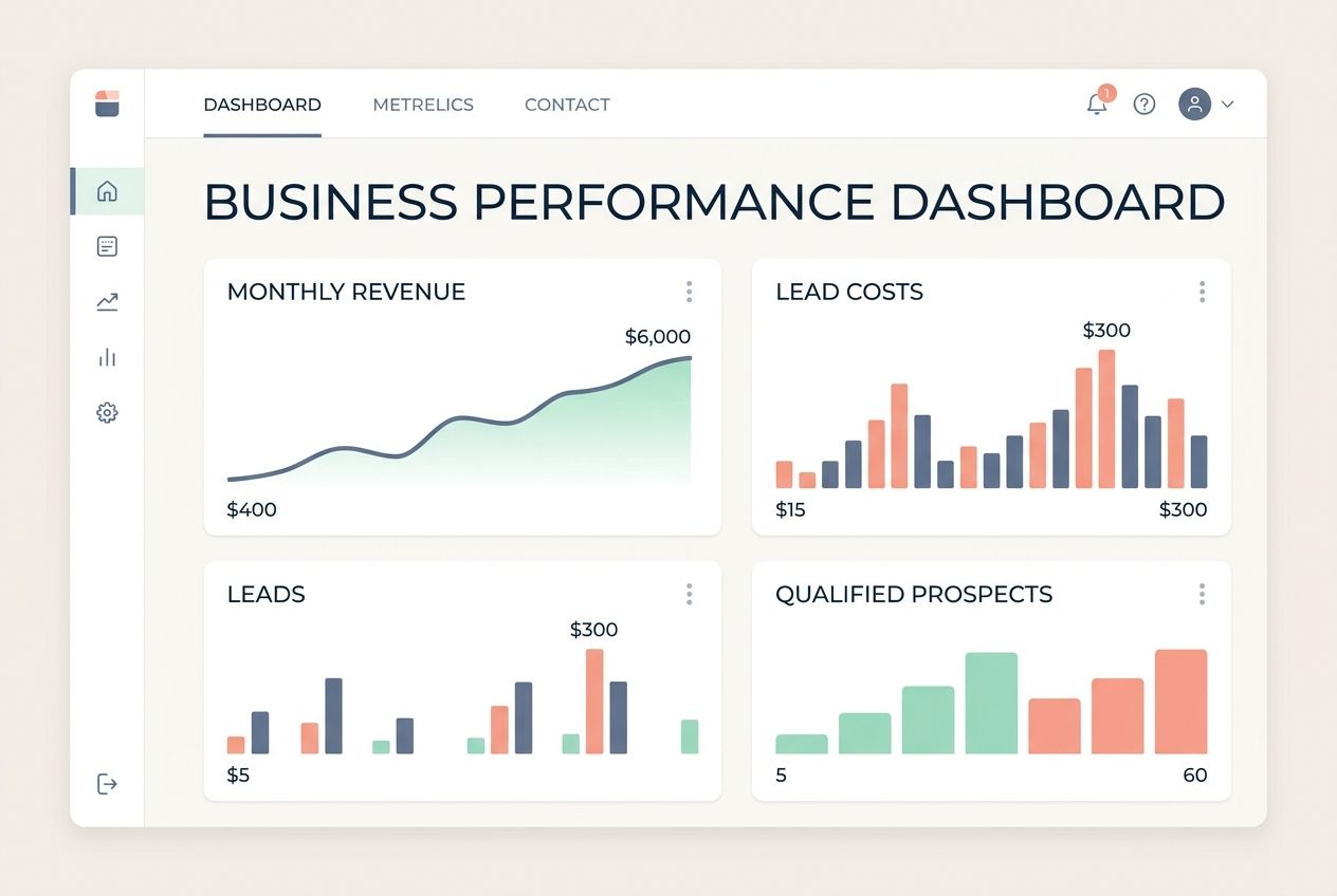 Digital dashboard showing local lead generation metrics including monthly revenue and lead costs