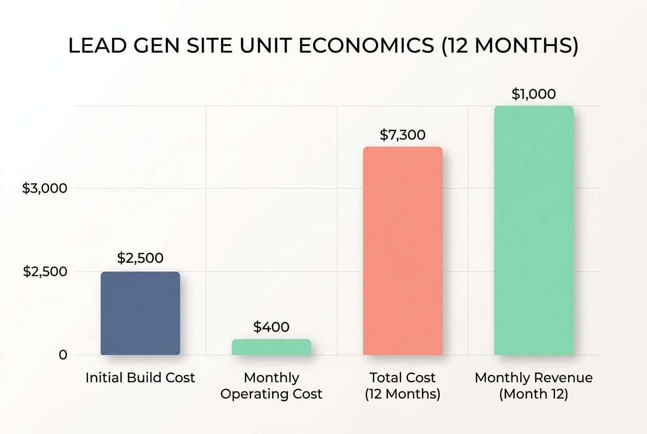Bar chart showing the unit economics of a local lead generation site over twelve months