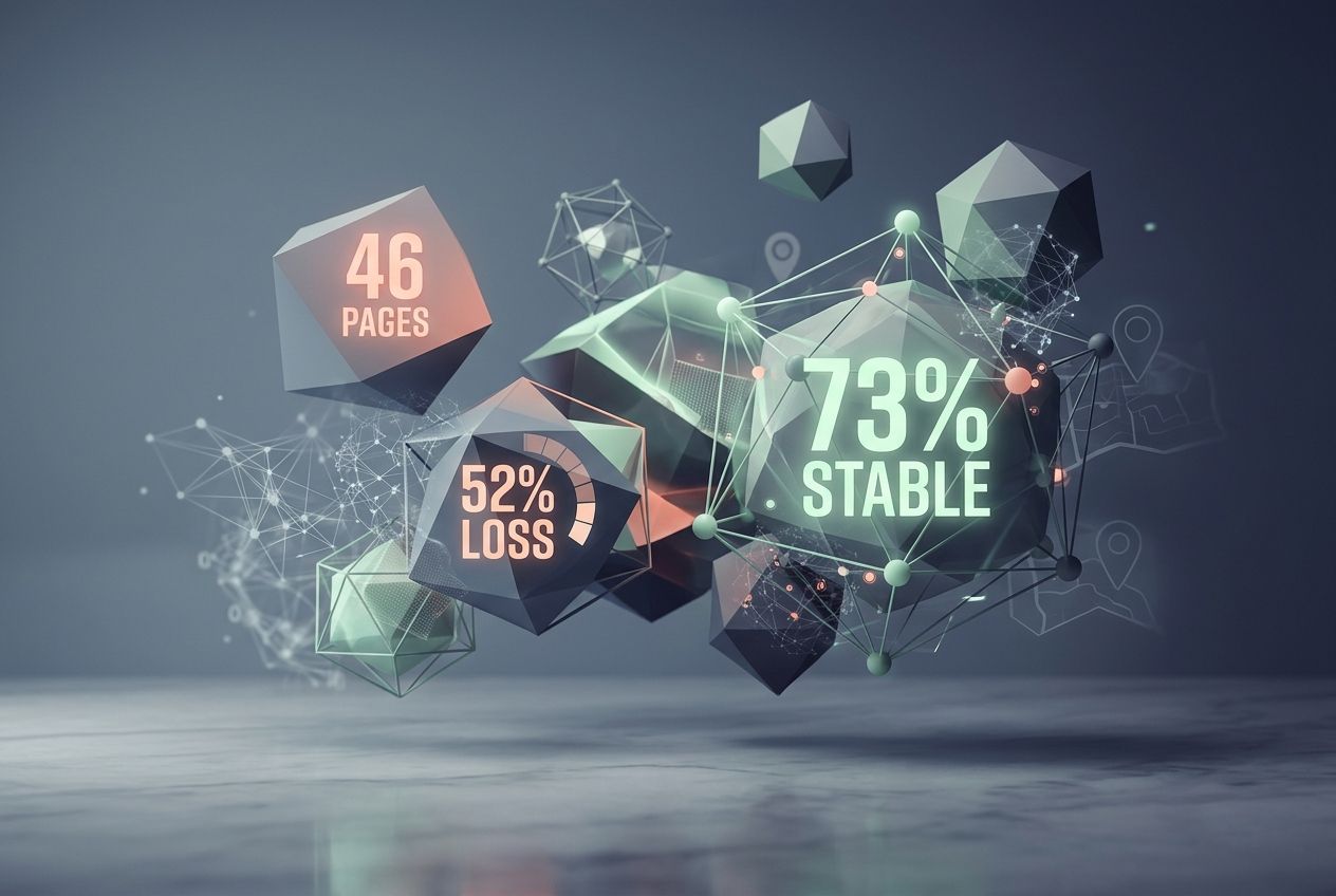 Conceptual visualization showing 46 pages, 52 percent session loss, and 73 percent stable contacts